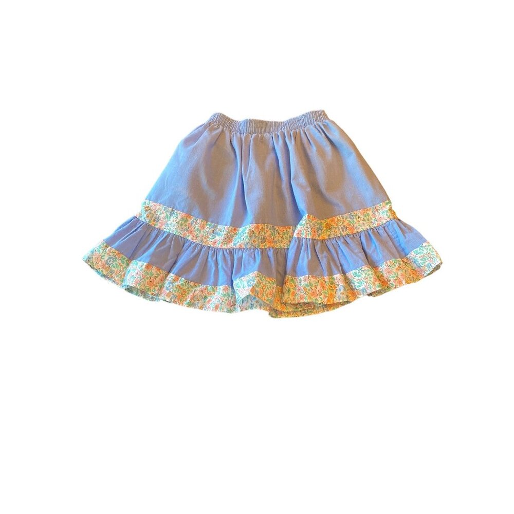Vintage-Style Girls Blue Cotton Skirt With Floral Patterned Ruffle Hem & Elastic